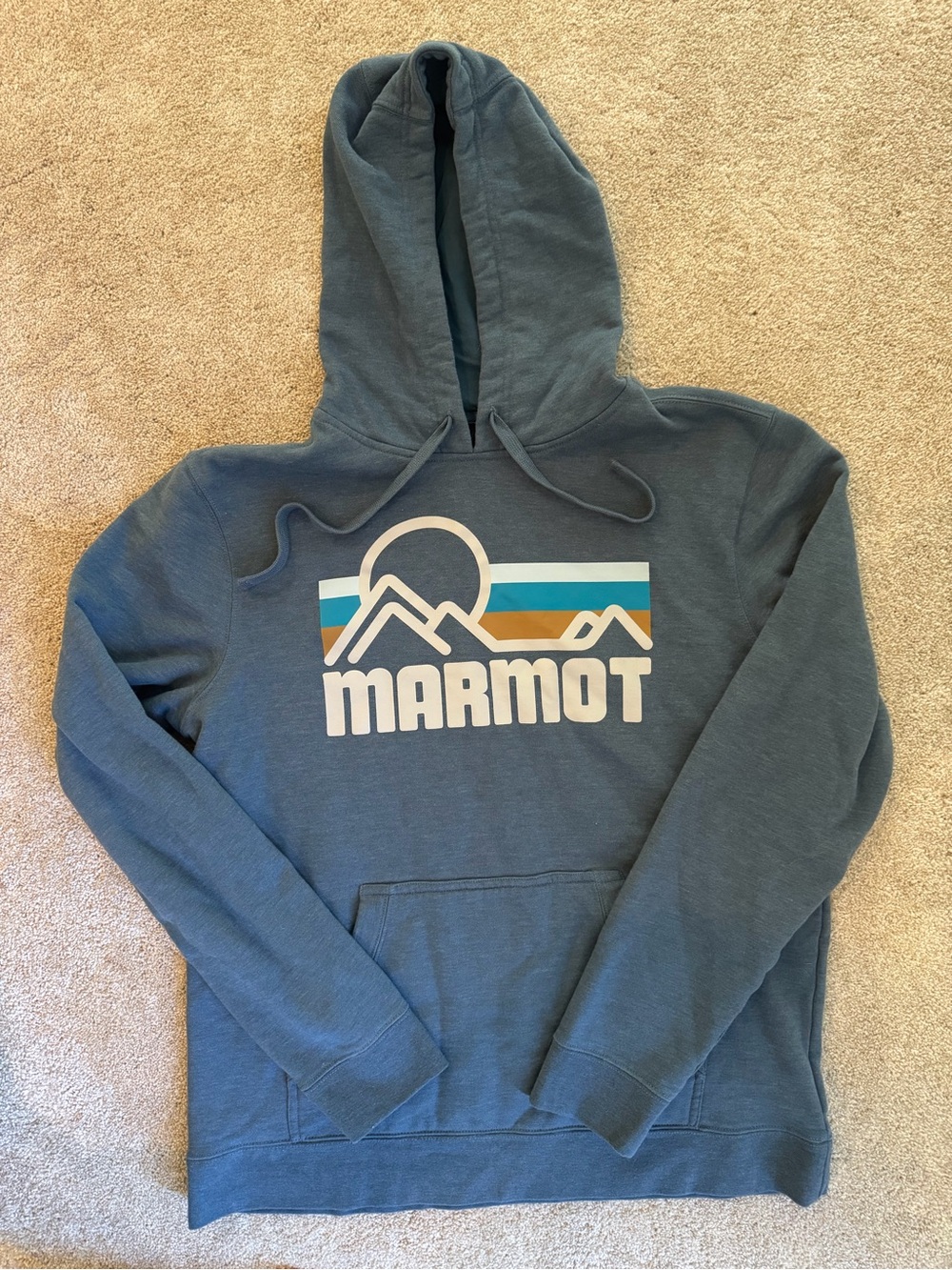 Marmot Graphic Hoodie Sweater Cotton Grey Blue Large